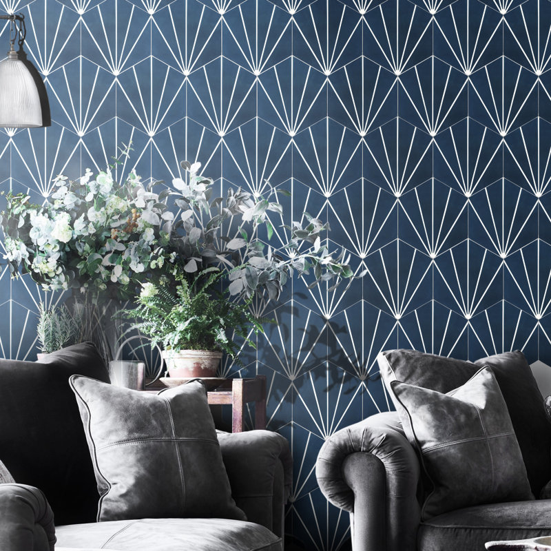 Menara 8" x 9" Cement Patterned Wall & Floor Tile, Navy Blue/White
