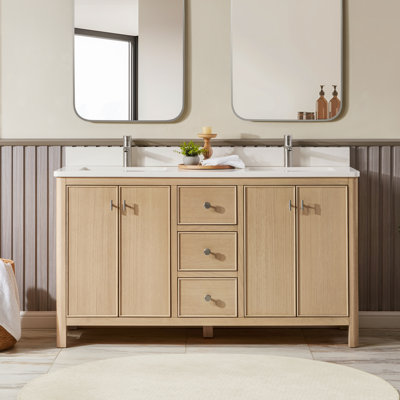 Argens Meuble-lavabo autoportant à simple cuve en chêne blanc avec plateau en quartz de Carrare