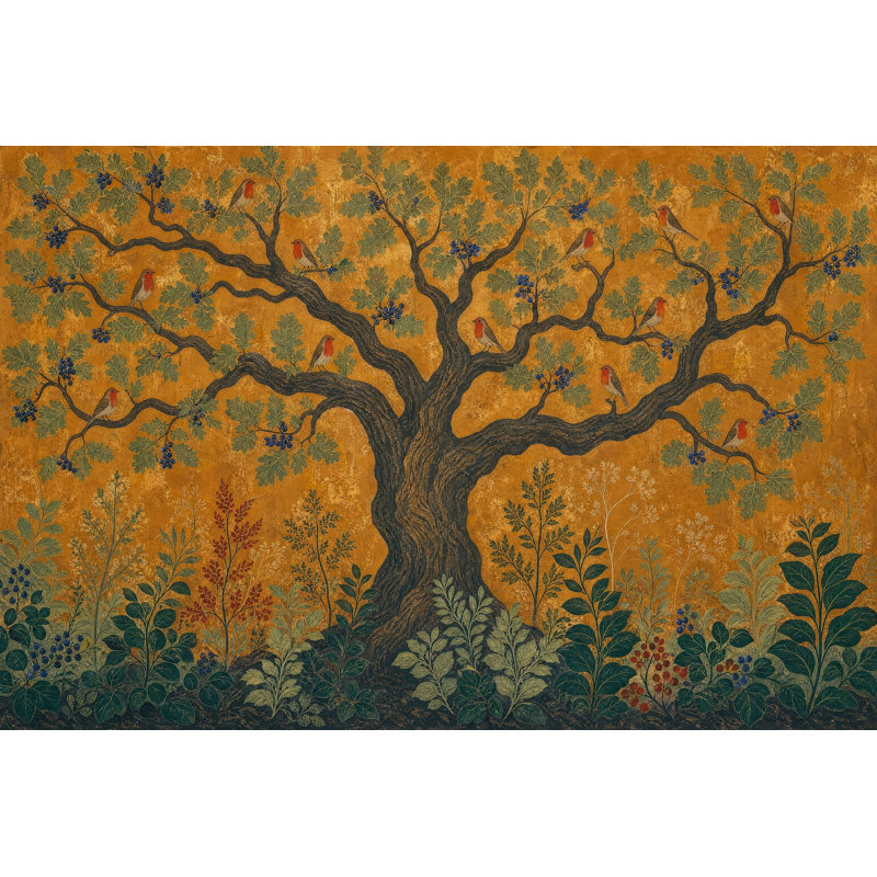 Papier peint arbre et oiseaux, forêt dorée, 140 po x 108 po, Non tissé