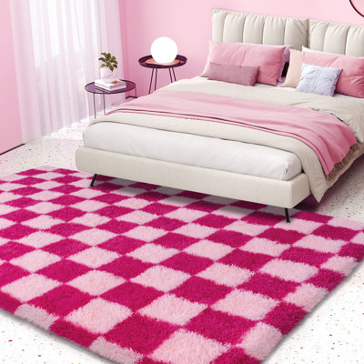 Pink and Rose-Red Plaid Patchwork Area Rug Suitable for Living Rooms, Bedrooms, and Children's Rooms