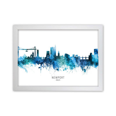 Newport Wales Skyline Blue City Name by Michael Tompsett - Print