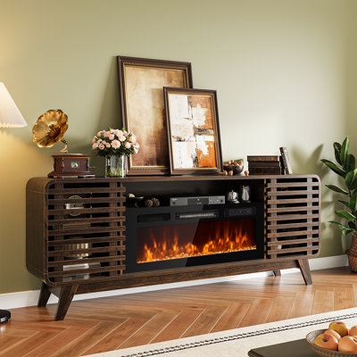 70" Fireplace Tv Stand For Tvs Up To 80", Mid Century Modern Entertainment Centre With 36" Electric Fireplace, Media Console With Sliding Slatted Doors