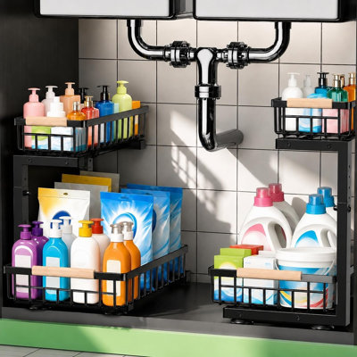 2-Pack Under Sink Organizers, 2-Tier Pull-Out Metal Storage Shelves With Waterproof Mats, Slide-Out Drawers, Black