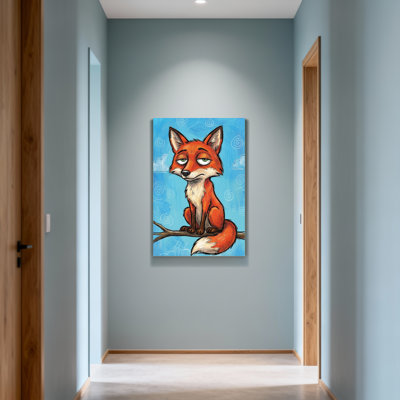 Animals Cute Fox Sitting On Branch Blue Sky Background
