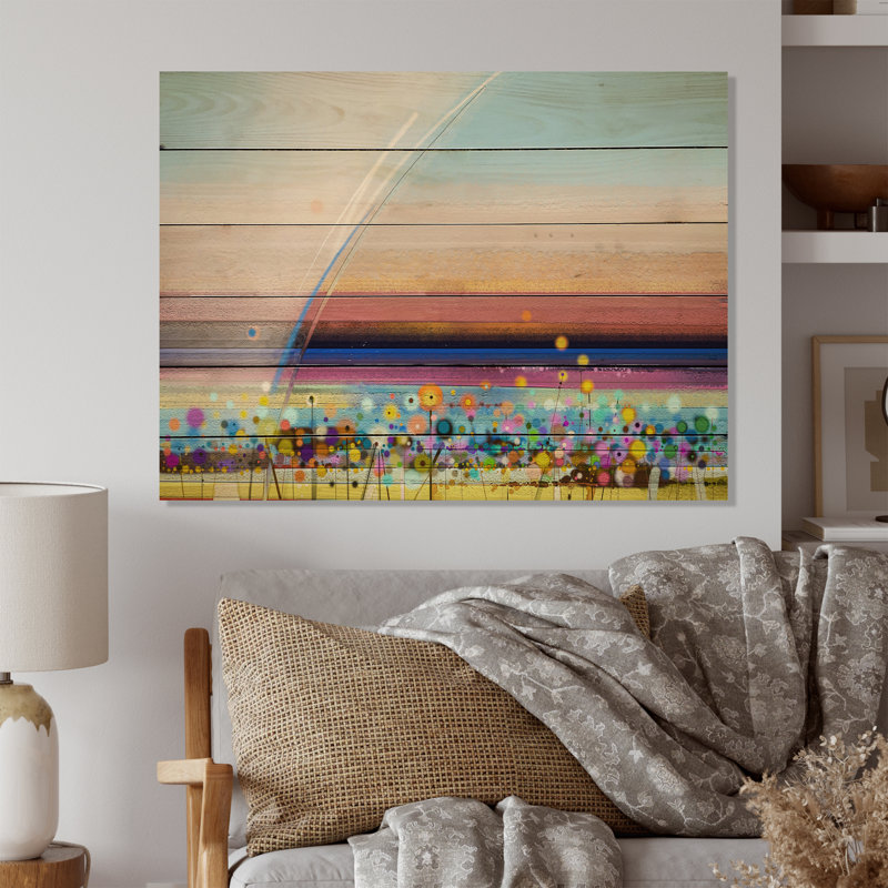 Abstrait champ d'été coloré - peinture sur bois sans cadre, H 16 po x l 32 po x P 1 po