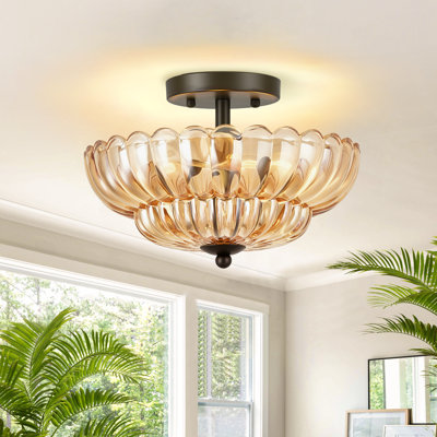 Modern 3-Light Flush Mount Ceiling Light With Flower Glass Shade, Flush Mount Light Fixture For Living Room,Hallway,Entryway,Bedroom