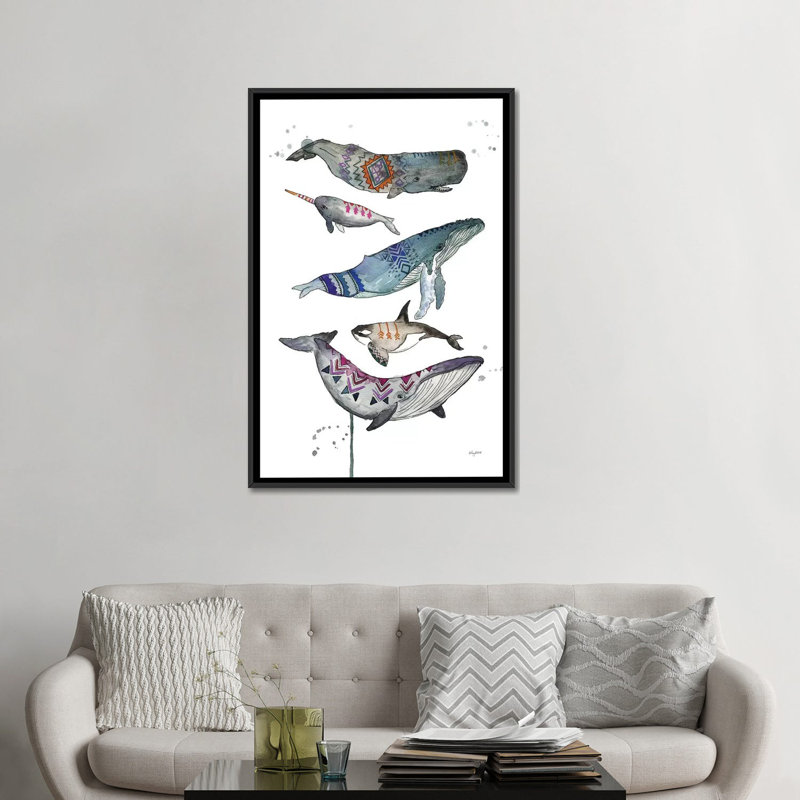 Tribal Whales par Katy Lipscomb - reproduction d'art, Toile avec cadre noir, Aucun mat, H 48 po x l 32 po x P 1,5 po