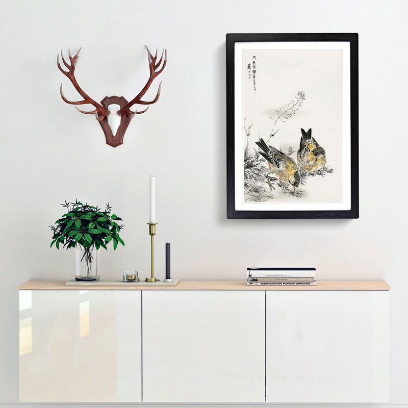 Two Japanese Greenfinch Birds by Numata Kashu - Picture Frame Painting Print, 48cm H x 36cm W x 2cm D, Black Framed