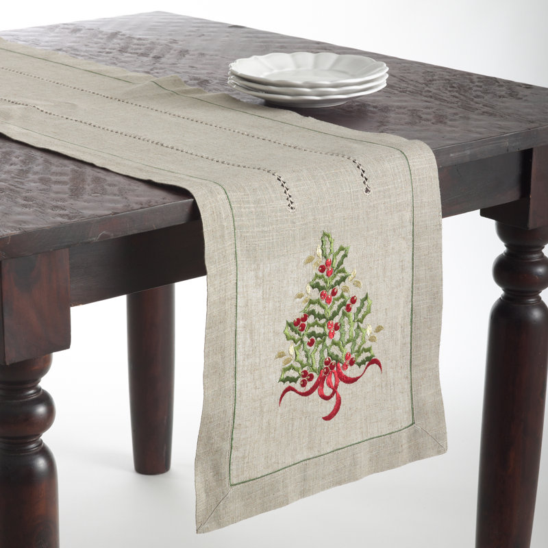 Chemin de table en lin à motif floral d'arbre de Noël Ayverie, 54 po x 16 po