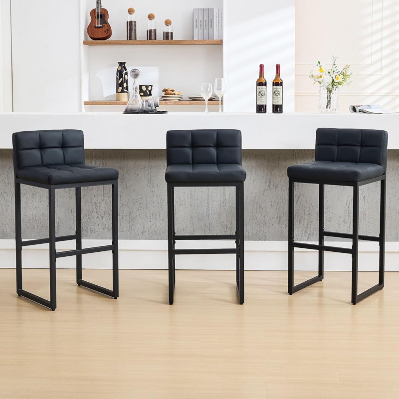 Tabouret de bar rembourré à dossier bas avec structure en métal épaissie pour îlot de cuisine, Noir, 3