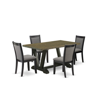 5-Pc Kitchen Dining Table Set Includes a Distressed Jacobean Wooden Table and 4 Dark Gotham Grey Linen Fabric Mid Century Chairs with High Back - Wire Brushed Black Finish