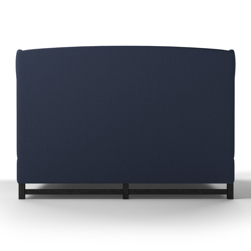 Herbert Upholstered Wingback Bed, Full, Box Weave Linen Blue Print, Ebony