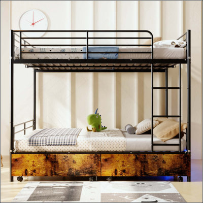 Bunk Bed With USB Charging Station, Able To Split, Metal Bunk Bed, Storage Space, Bed With Safety Guardrail & Ladders, No Box Spring Needed