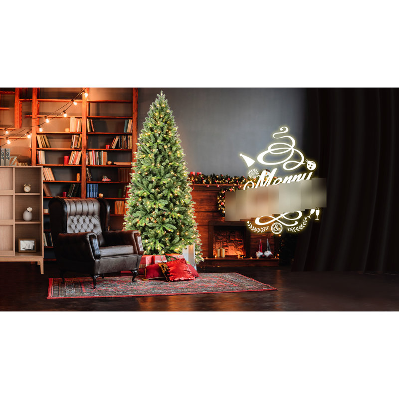 Arbre de Noël de 7 pi, 1375 extrémités de branches texturées, 400 lumières à DEL blanc chaud, matériau + PE, assemblage à charnières, installation simple, arbre de support en métal mettant en vedette des lumières et un assemblage mixte d'aiguilles réalistes