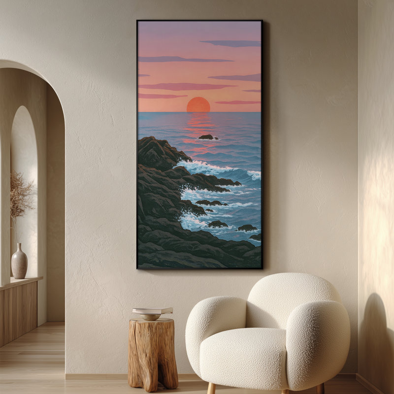 Très grande reproduction d'art sur toile - Rocky Shoreline Sunset Horizon, décoration pour salon ou chambre à coucher