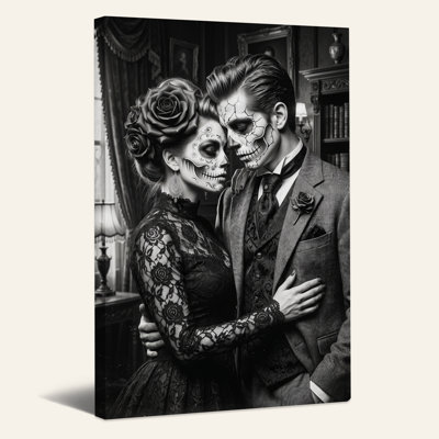 Couple maquillé en crâne mexicain, toile murale d'Halloween en noir et blanc