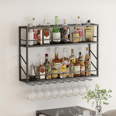 Wall Mounted Wine Rack 2 Tier, Metal Bar Liquor Shelves And Glass Holder,Wall Bar Shelf Wine Display Storage Holder For Home Bar, Dining Room, Kitchen(31.4×7.8×26In)