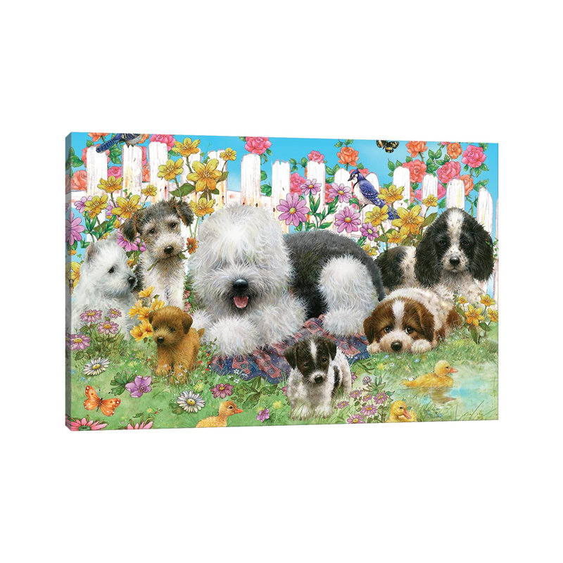 Picket Fence Pups - Wrapped Canvas Painting, 30.48 cm H x 45.72 cm W