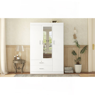 3-Door Mirror Wardrobe with shelves, White