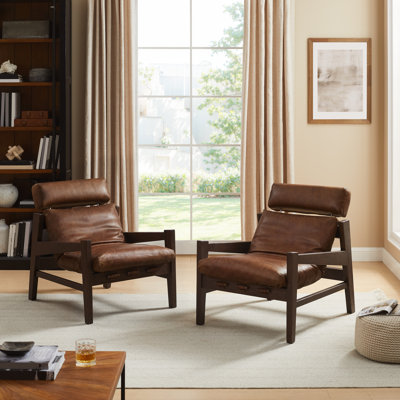 Genuine Leather Lounge Chair With Adjustable Headrest Set Of 2