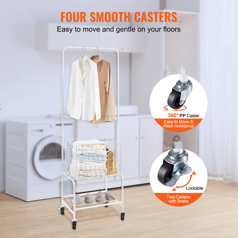 White Metal Rolling Laundry Cart with Adjustable Hanging Rack