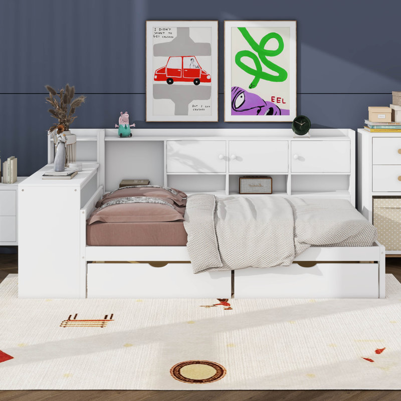 Daybed With 2 Drawers And Cabinets Shelves, Storage Bookcase, Built-In Removable Desk, Twin, White