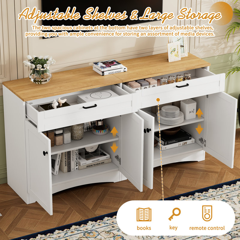 Rustic Two-Tone 63" TV Stand With Adjustable Shelves, Drawers & Multi-Use Storage, White