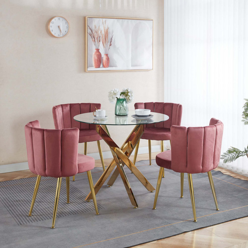 Ensemble de salle à manger 1 + 4,5 pièces, table de salle à manger à pieds en métal Mid-Century pour 4-6 personnes avec plateau en verre, table de salle à manger à piédestal, table basse de loisirs
