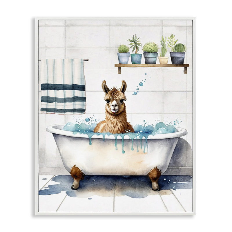 «Alpaca Bathtime Suds», estampe numérique par Kim Allen bk-125, Estampe numérique encadrée blanc bord de mer