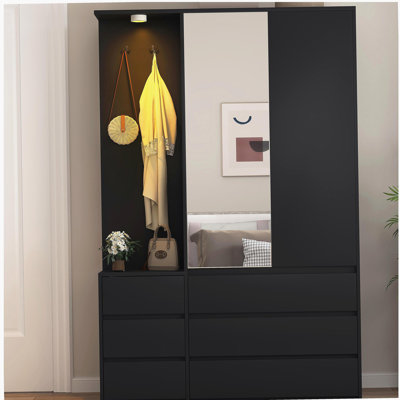 Garde-robe H 71,7 po, garde-robe de chambre en bois avec 2 portes et 6 tiroirs, armoire de rangement pour vêtements moderne avec tablettes de rangement et rail de suspension, noir
