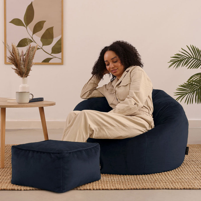 Kingston Velvet Bean Bag and Square Footstool, Midnight Blue