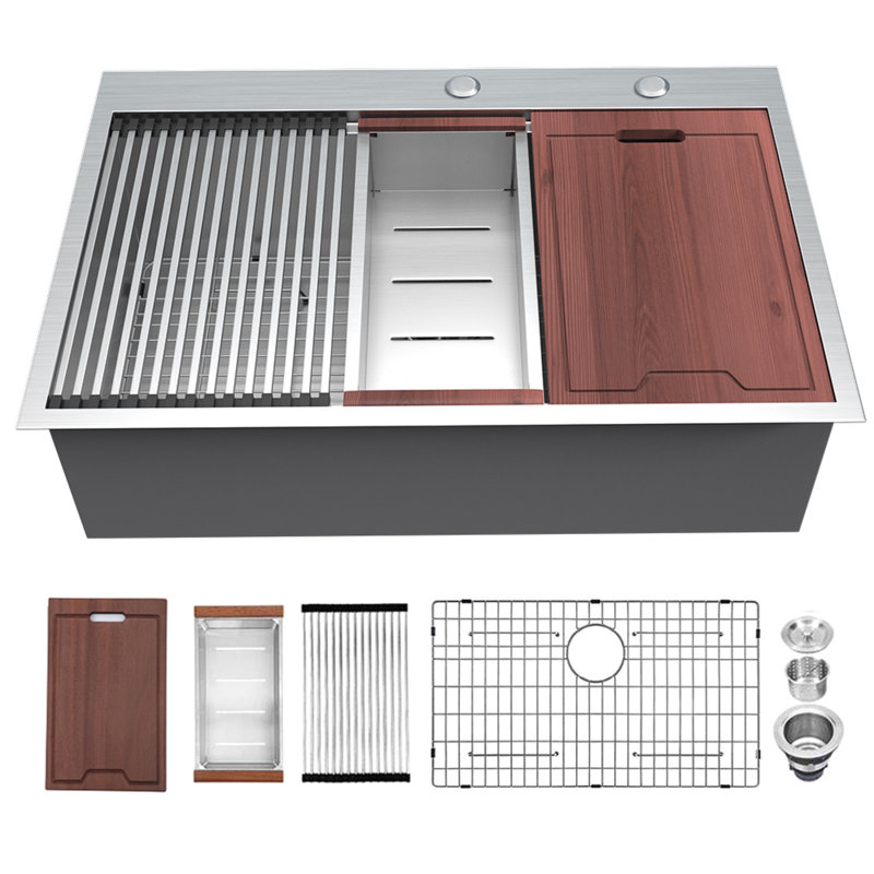 Workstation Farmhouse Right Angle Drop-In Kitchen Sink With Accessories, 33" L x 22" W