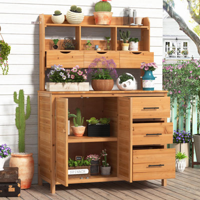 Banc de jardin avec huche, poste de travail de jardinage, bois massif, rangement multi-tiroirs, maison de campagne, extérieur