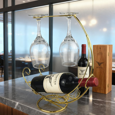 Metal Tabletop Wine Glass Holder And Display Rack For Kitchen Bar Countertop, Vertical Wine Bottle And Glass Storage Organizer With Vintage Design