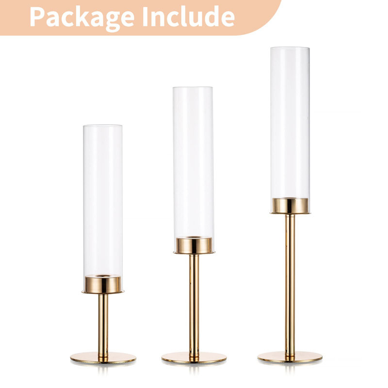 Gold and Glass Tall Hurricane Candlestick Holder Set of 3