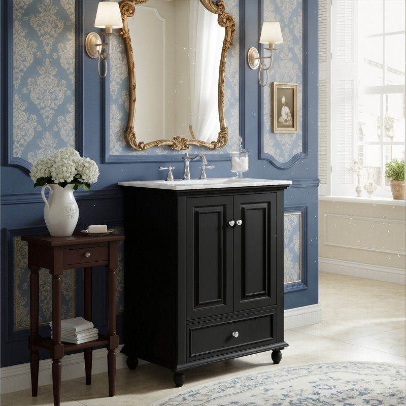 24-Inch Small Bathroom Vanity With Sink, Bathroom Storage Cabinet With 3-Height Adjustable Shelf And Divided Storage Drawer