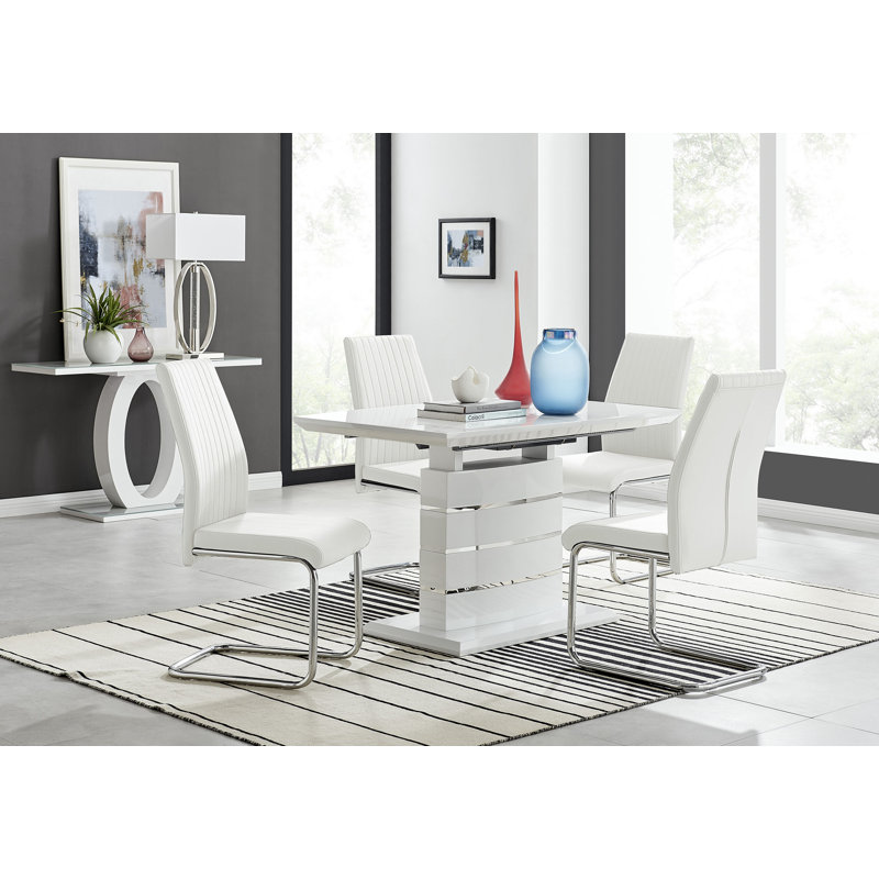 Everson High Gloss 4 Seat Extendable Dining Set with Luxury Faux Leather Upholstered Dining Chairs, White