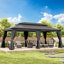 Gazebo de terrasse en acier de 6 m de large x 3 m de profondeur avec toit double et rideaux