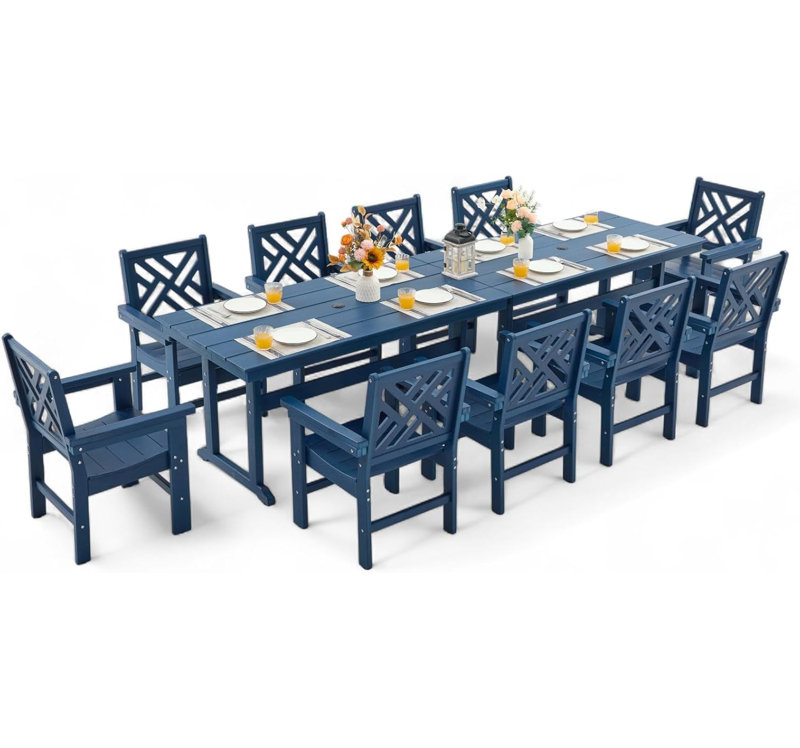 All-weather Hdpe Patio Dining Set With Umbrella Hole, 10