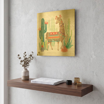 «Lovely Llamas III» par Mary Urban, art mural en métal doré, 12 po x 12 po