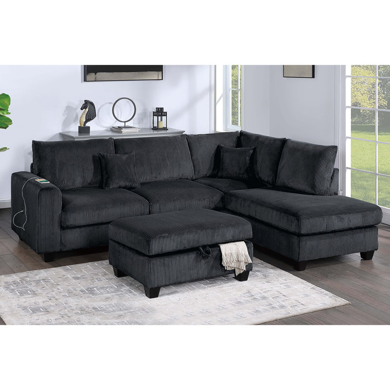 Ensemble de canapé modulaire 3 pièces de style moderne avec port USB et repose-pieds avec accoudoir à droite et canapé à accoudoir à gauche