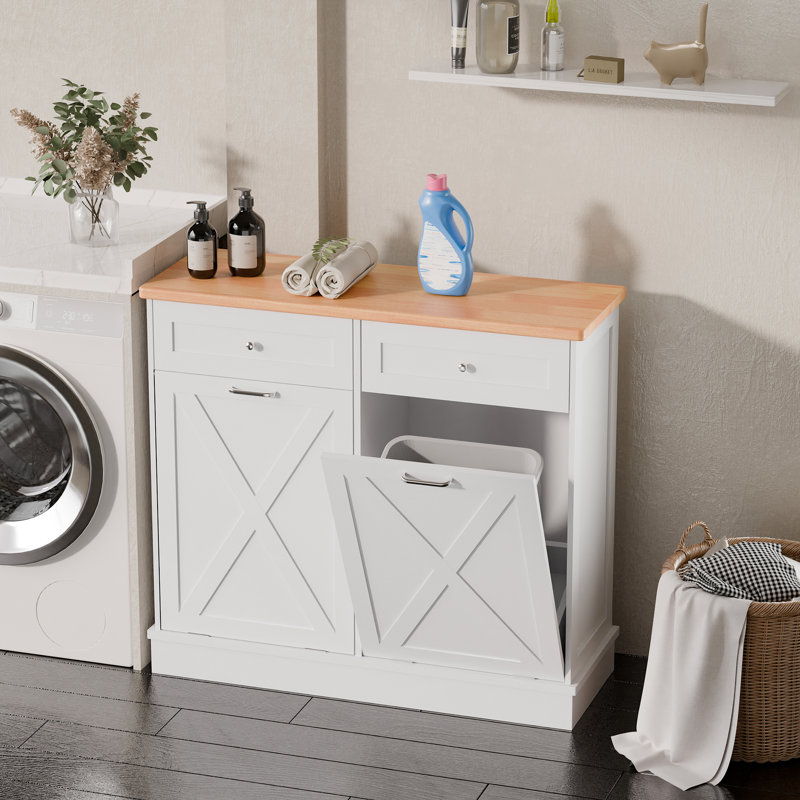 White Rubberwood Double Tilt-Out Kitchen Cabinet with Drawers