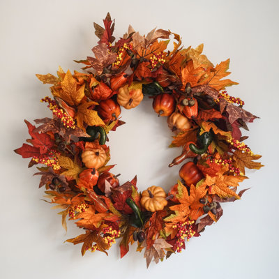 Faux 26“ Wreaths , Autumn Wreath with Pumpkin, Maple Leaves ，Festival Decorations Indoor and Outdoor