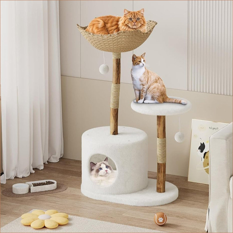Modern Natural Wood Cat Tree for Cats Aesthetic Cat Tower with Large Basket, Scratching Posts and Real Branch Design, White Luxury Cats Tree One Perch