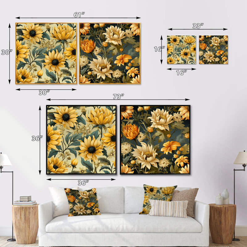 Higgston - Ensemble de 2 collages floraux carrés, Cadre flottant blanc, H 36 po x l 73 po