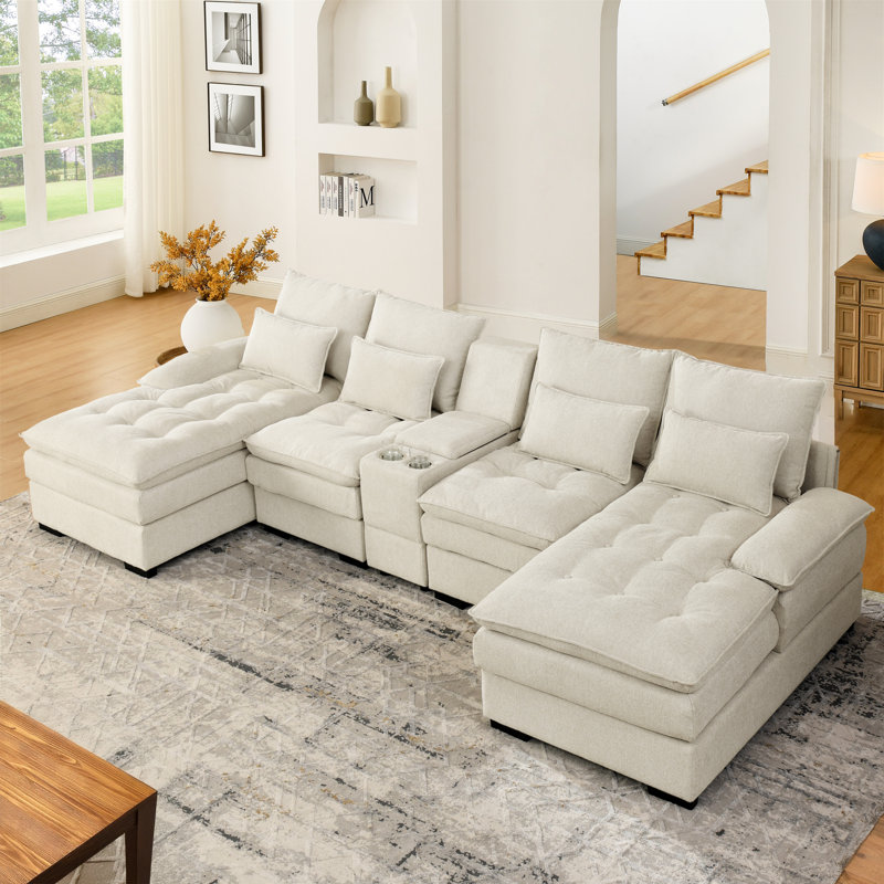 Akeyra Upholstered U Shaped Sectional Sofa with Console, Beige Linen