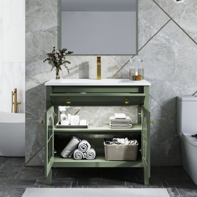 Meuble-lavabo autoportant de 35,6 po avec verre, lumières à capteur de mouvement intégrées et meuble-lavabo intégré haut de gamme de 36 po pour le lavabo, beaucoup de rangement