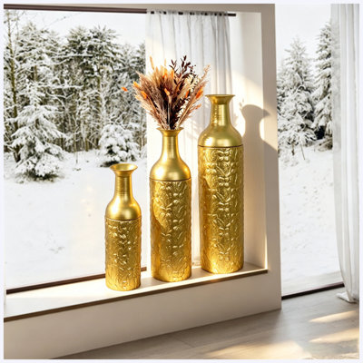 Ensemble de 3 vases de sol décoratifs en métal avec motif feuille d'or, grands vases dorés pour le salon et le vestibule
