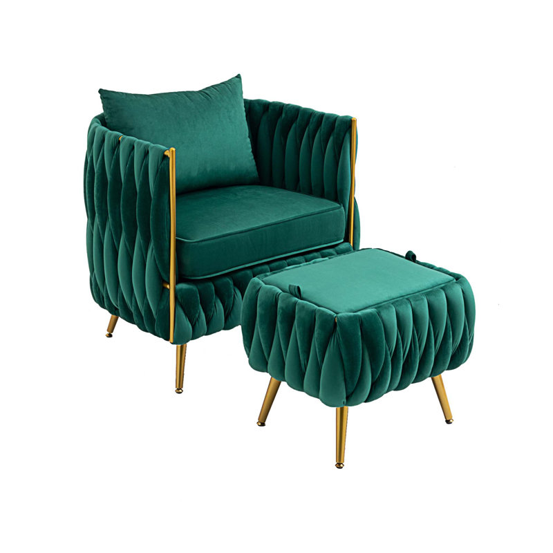 Upholstered Barrel Chair with Ottoman, Emerald Green Polyester