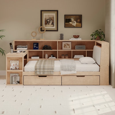 Twin Size L-Shaped Wooden Daybed With Desk And Storage Bookcase, Corner Bed With Upholstered Headboard And Under-Bed Drawers And LED Light For For Bedroom Living Room